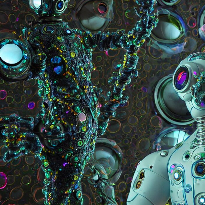 a cybernetic symbiosis of a single engineer astronaut mech-organic eva suit made of pearlescent wearing knitted shiny ceramic multi colored yarn thread infected with diamond 3d fractal lace iridescent bubble 3d skin dotted covered with orb stalks of insectoid compound eye camera lenses floats through the living room, film still from the movie directed by Denis Villeneuve with art direction by Salvador Dalí, wide lens,kevlar,carbon fiber,ceramics,gaseous materials,