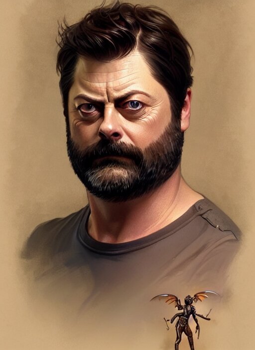 Portrait of nick offerman, d & d, wet, shiny, fantasy, intricate, elegant, highly detailed, digital painting, artstation, concept art, smooth, sharp focus, illustration, art by artgerm and greg rutkowski and alphonse mucha