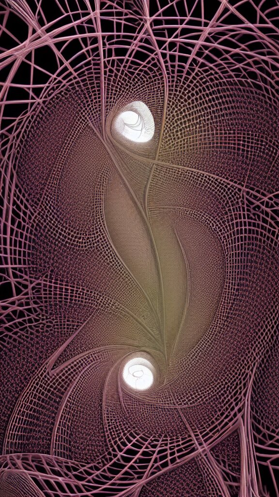 3d fractal wallpaper by Escher, geometrical figures, mandelbulb, fragmentarium, 3d effect, picture through the screen, spirals tubes roots, completely filled space, psychedelic!!, 3d fractal background, digital art, high details, depth of field, hard lighting!, trending on artstation, deviantart, octane render, HD, (((Low light))), 8k, eric zener, zdzisław beksiński, dark background