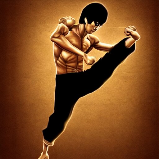 bruce lee training with wooden dummy at temple dojo intricate, elegant, highly detailed, digital painting, artstation, concept art, matte, sharp focus, illustration gold filigree wallpaper 