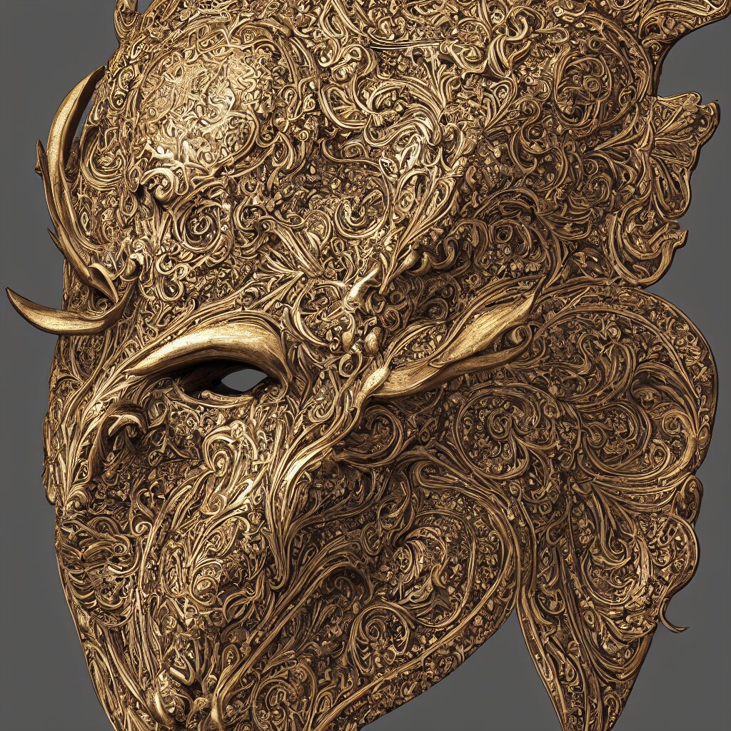 beautiful ceremonial bilaterally symmetrical goat mask, classical ornamental design, fibonacci flow, acroteria, encarpus, shield emblem, large medium and small elements, by russ abbott, albrecht durer, artgerm, rutkowski, professional product photo, rendered in octane, 8 k 