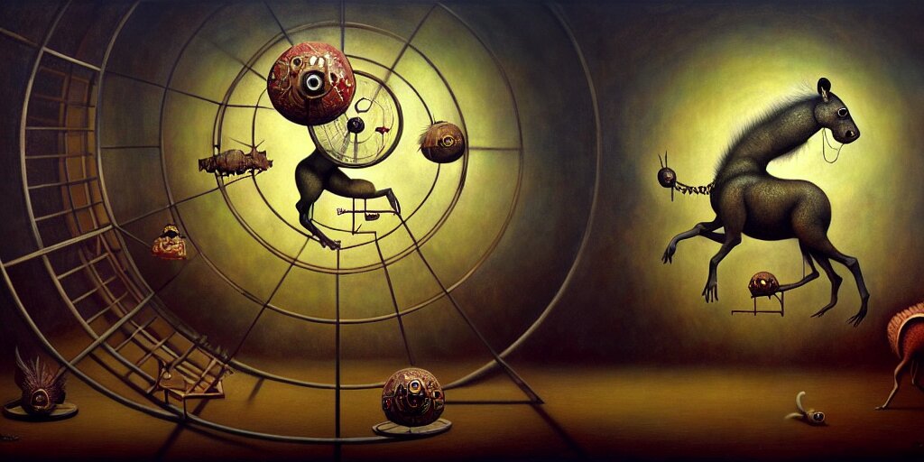 trapped on the hedonic treadmill like a hamster on a wheel, ixion's wheel, uncanny, dark surreal oil painting by ronny khalil, shaun tan, and leonora carrington 