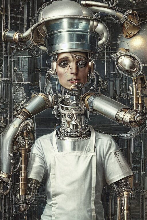a beautiful ultradetailed vintage photo of a futuristic cybernetic cyborg male wearing a tall white chef hat and an apron, by tom bagshaw and anna dittman, portrait, 3 5 mm lens, golden ratio composition, detailed face, studio photography, very detailed, humanoids, industrial robots, artstation, 8 k, highly coherent 