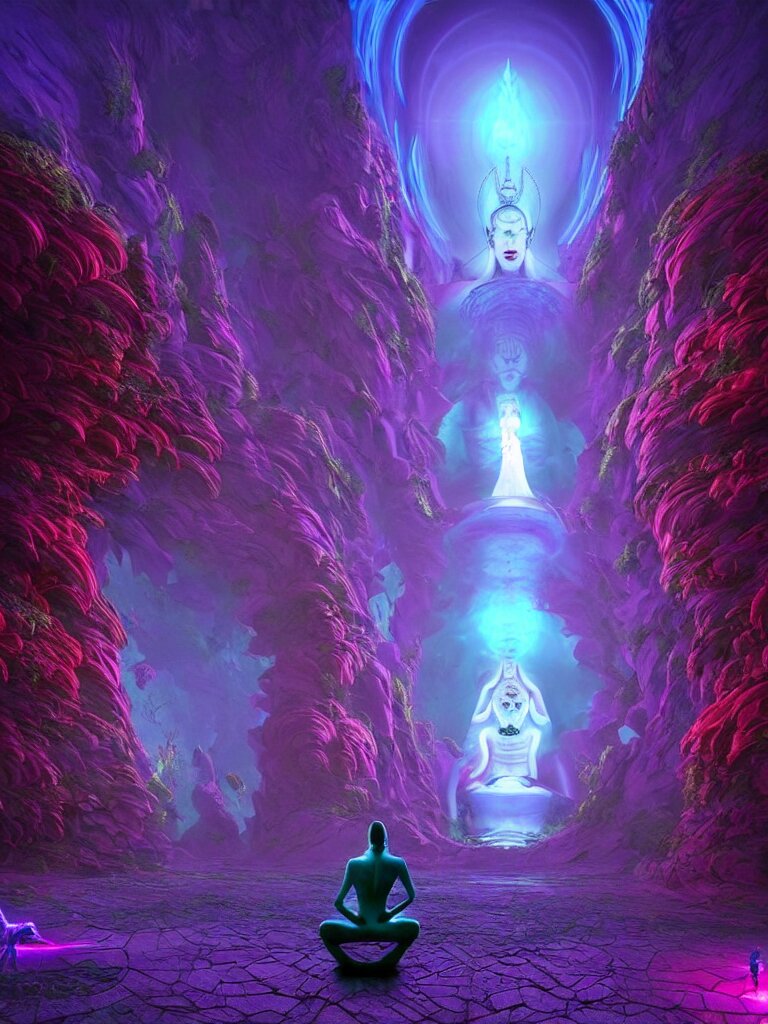 entrance to ethereal realm, shiva waiting, rendered in unreal engine, central composition, symmetrical composition, dreamy colorful cyberpunk colors, 6 point perspective, fantasy landscape with anthropomorphic!!! terrain!!! in the styles of igor morski, jim warren, and rob gonsalves, intricate, hyperrealistic, volumetric lighting, neon ambiance, distinct horizon 