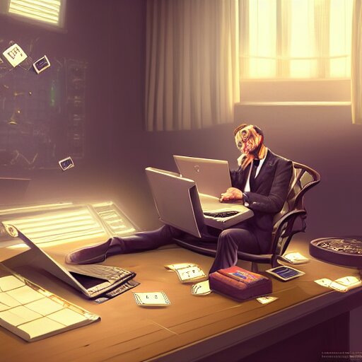 Realistic rich man using laptop in gaming room, money floating in air, artstation trends, sci fi concept art, highly detailed, intricate, sharp focus, digital art, 8 k