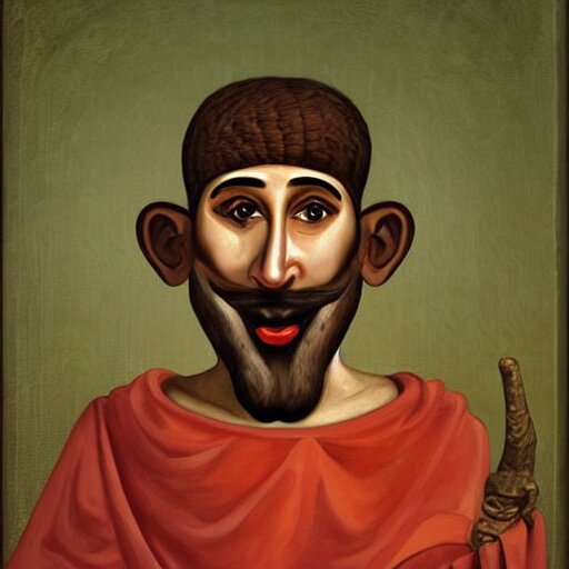 portrait of ancient silly greek man with big eyes, sharp nose, and big open mouth. fine detail. artistic painting by lurid 
