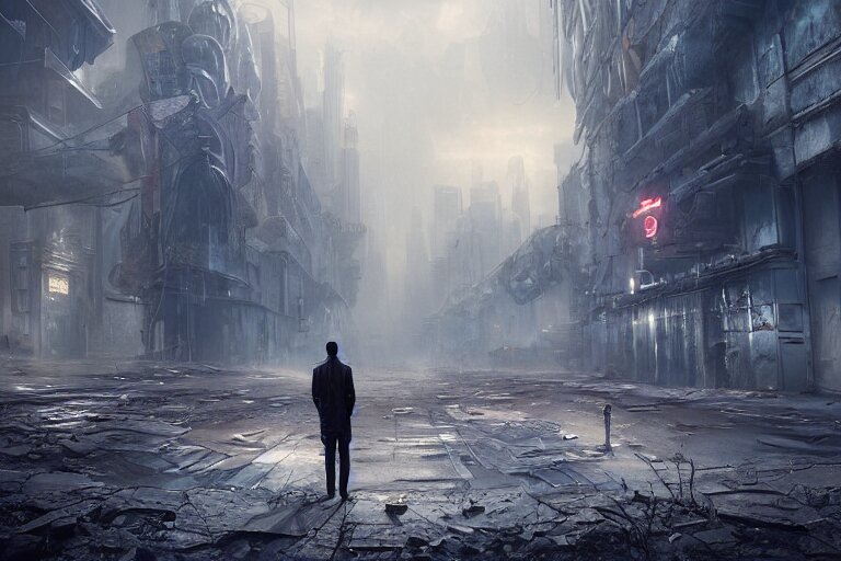 a man standing in a street in an abandoned underwater alien city, ancient looming immense buildings ; creepy mood, uneasy atmosphere, sense of wonder, awe, breathtaking digital art, cinematic lighting, striking perspective, contrasting colors, unreal engine 8 k, trending on artstation, aesthetic color palette, very realistic, highly detailed 