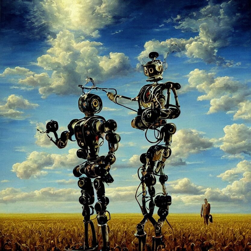 an ornately framed portrait painting of a robot farmer standing in front of rolling cornfields and beautiful clouds. pulp sci - fi art for omni magazine. high contrast. dark background. baroque period, oil on canvas. renaissance masterpiece. trending on artstation. retrofuturism. 
