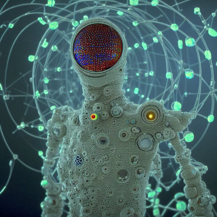 a cybernetic symbiosis of a single astronaut mech-organic eva suit made of pearlescent wearing knitted shiny ceramic multi colored yarn thread infected with diamond 3d fractal lace iridescent bubble 3d skin dotted covered with orb stalks of insectoid compound eye camera lenses floats through the living room, film still from the movie directed by Denis Villeneuve with art direction by Salvador Dalí, wide lens,kevlar,carbon fiber,ceramics,gaseous materials,