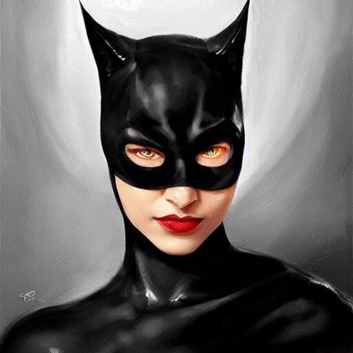 A closeup portrait of catwoman, dramatic lighting, chiaroscuro, high detail, painted by greg rutkowski, painted by igor kieryluk, painted by bobby chiu, trending on artstation