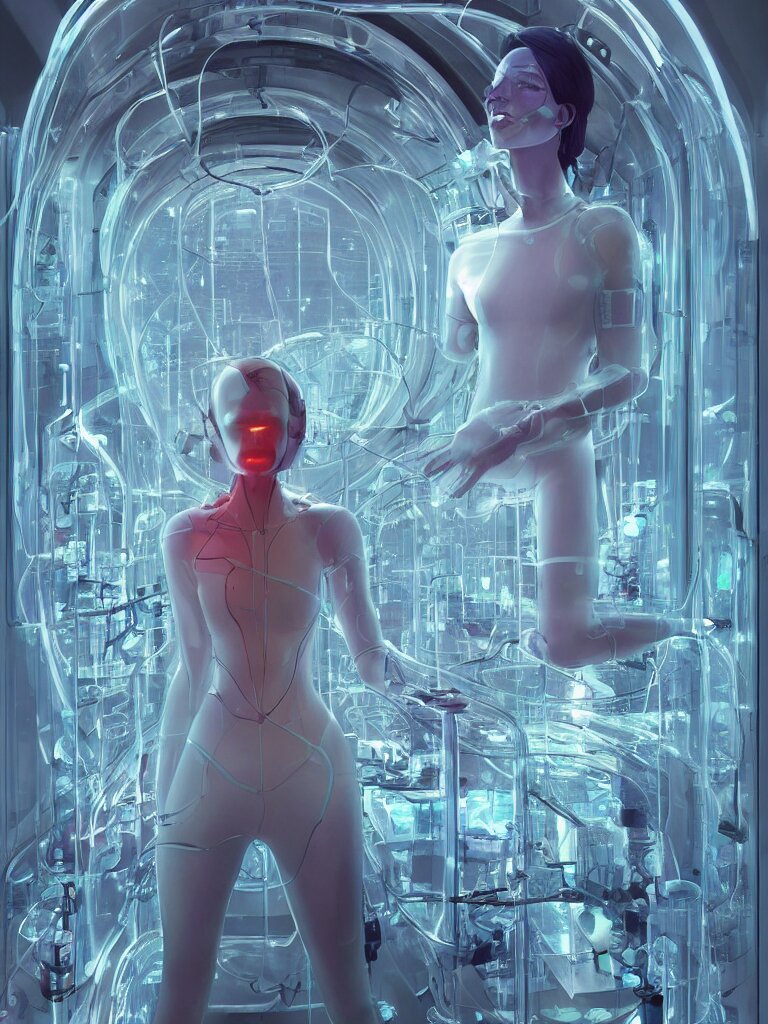 a very beautiful cyborg made of transparent glossy glass skin surrounded with glowing tubes inside an incubator of a futuristic hospital bio lab, rendered by beeple, by makoto shinkai, by syd meade, by android jones, by yoanne lossel, by artgerm and greg rutkowski, space art concept, sci - fi, digital art, unreal engine, wlop, trending artstation 