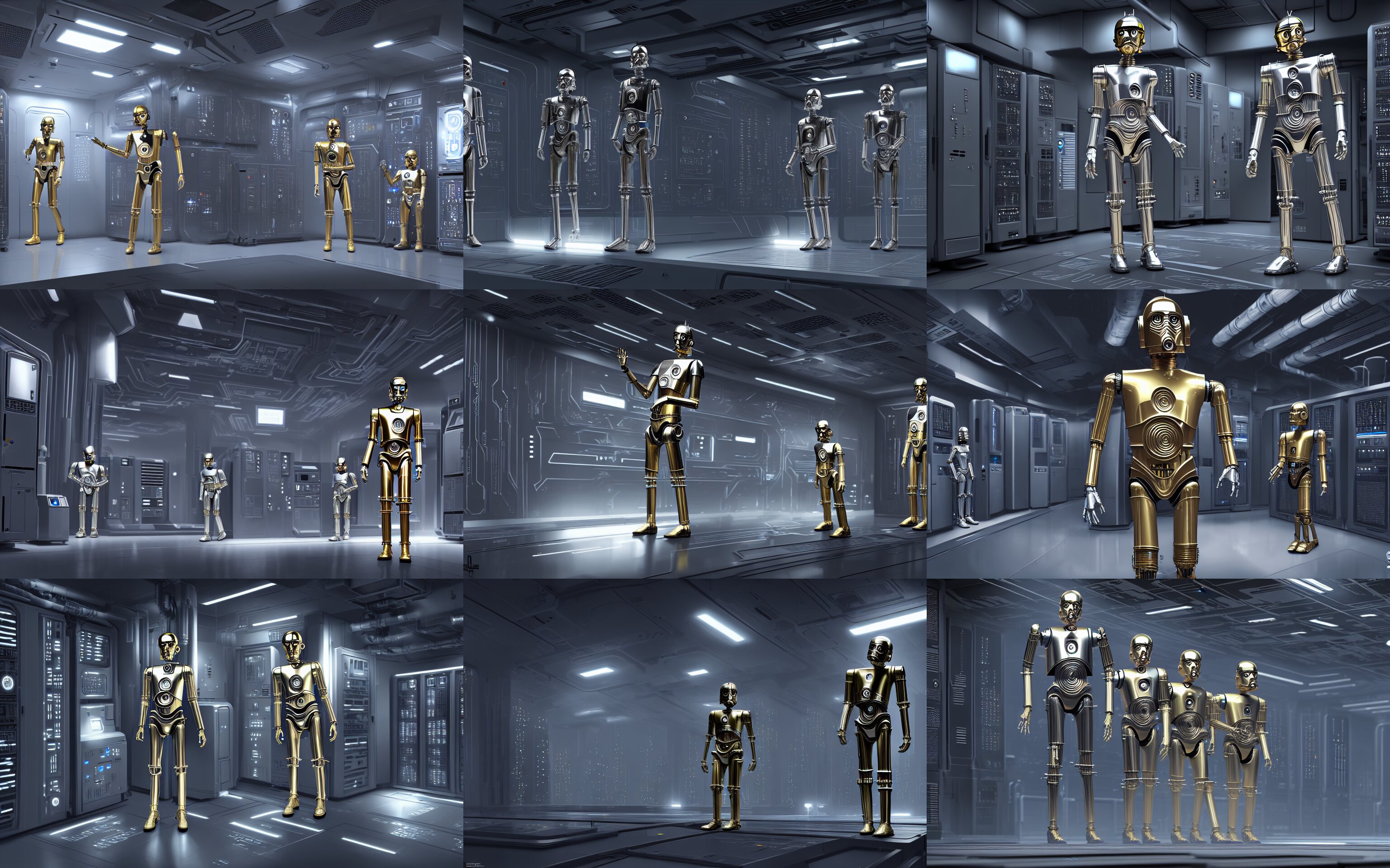 silver c - 3 po robot from star wars in a data center room, silver, grey, concept art, cyberpunk, game art, star wars game art, high detail, 4 k 