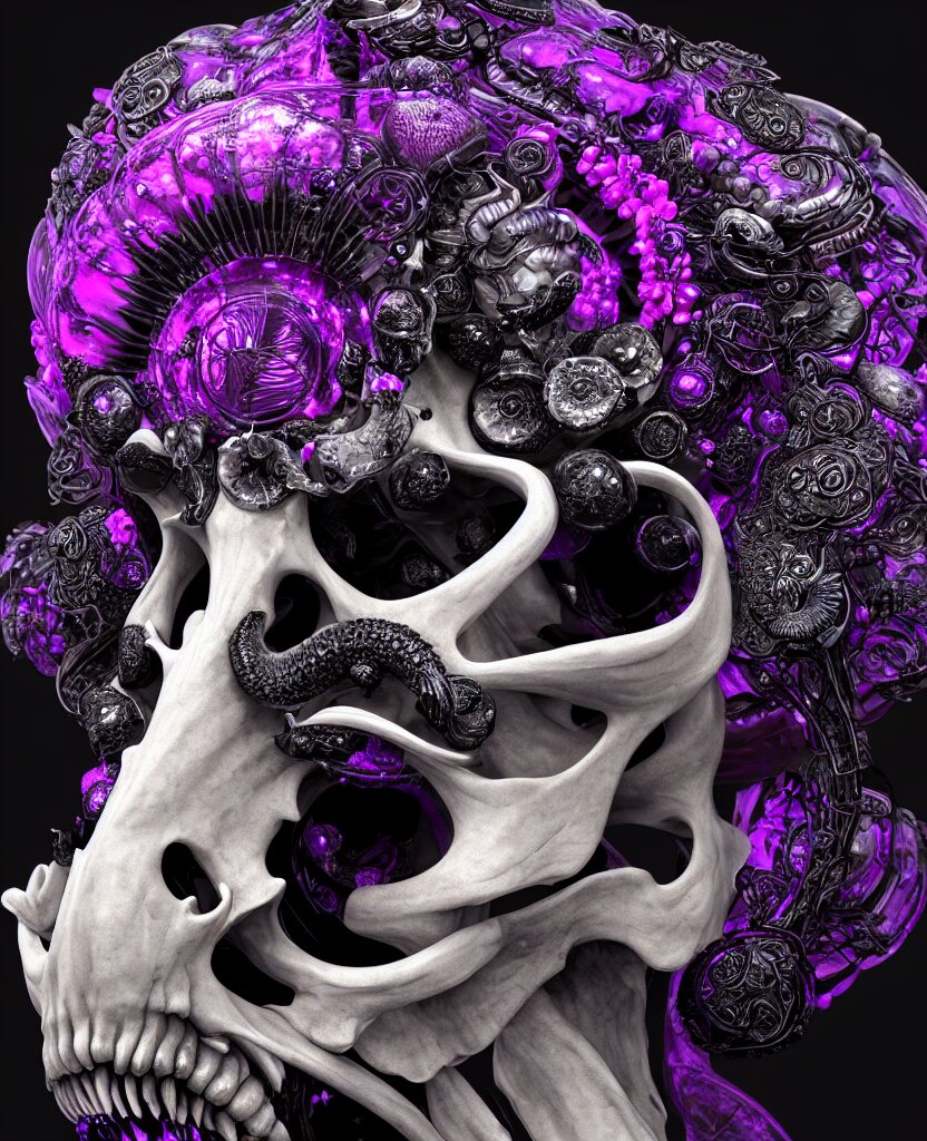 goddess princess face close-up portrait ram skull. sculpture made of black and dichroic. jellyfish phoenix head, nautilus, orchid, skull, betta fish, bioluminiscent creatures, intricate artwork by Tooth Wu and wlop and beeple. octane render, trending on artstation, greg rutkowski very coherent symmetrical artwork. cinematic, hyper realism, high detail, octane render, 8k
