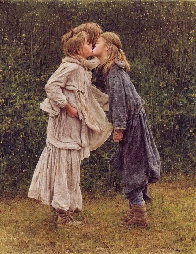 peasant boy and girl first kiss, secretly on a village, Cinematic focus, Polaroid photo, vintage, neutral colors, soft lights, foggy, by Steve Hanks, by Serov Valentin, by lisa yuskavage, by Andrei Tarkovsky detailed, oil on canvas