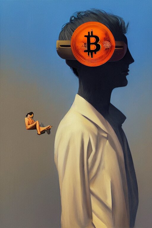 sathoshi nakamoto wearing oculus and bitcoin over his head edward hopper and james gilleard, zdzislaw beksisnski, higly detailed