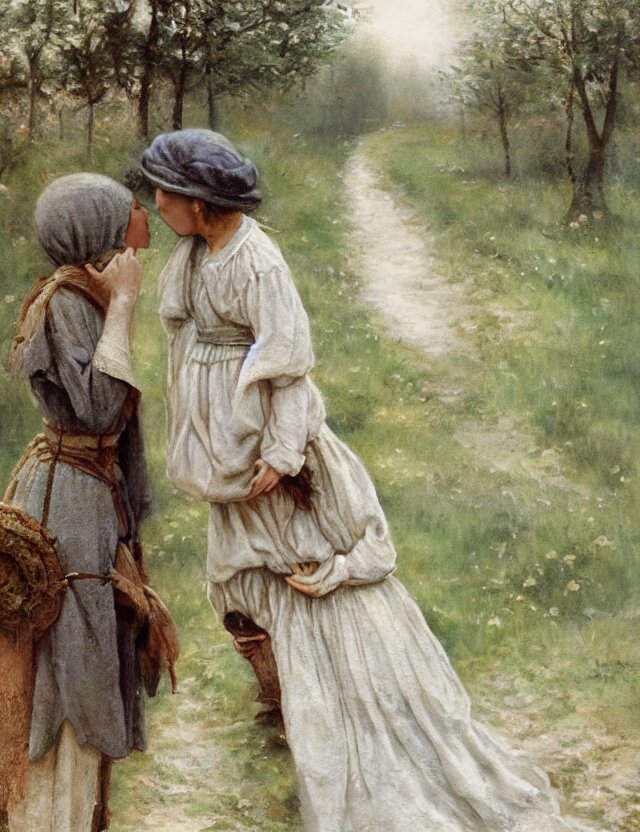 peasant boy and girl first kiss, on a village