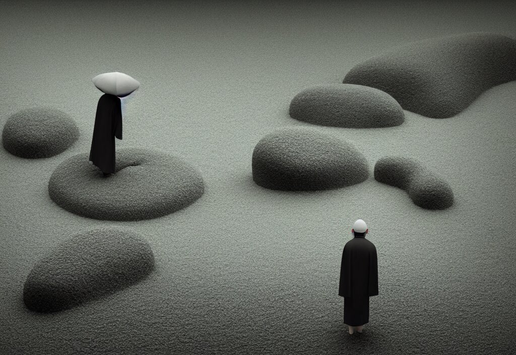a lone priest tending a zen garden kyoto, japan, a collage painting, in the style of wes anderson, lola dupre, david hockney, isolated on negative white space background dark monochrome fluorescent neon spraypaint accents volumetric octane render 