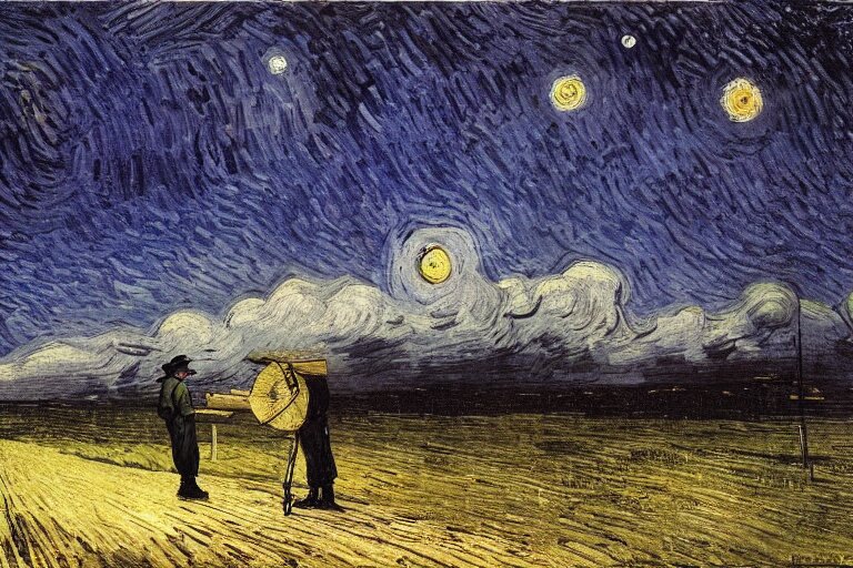 a farmer looking at the night sky with clouds and stars, colorful, beautiful, national geographic, very detailed, astrophotography, cinematic lighting, oil painting, canvas, Theodor Kittelsen, Hermann Hendrich, Vincent van Gogh