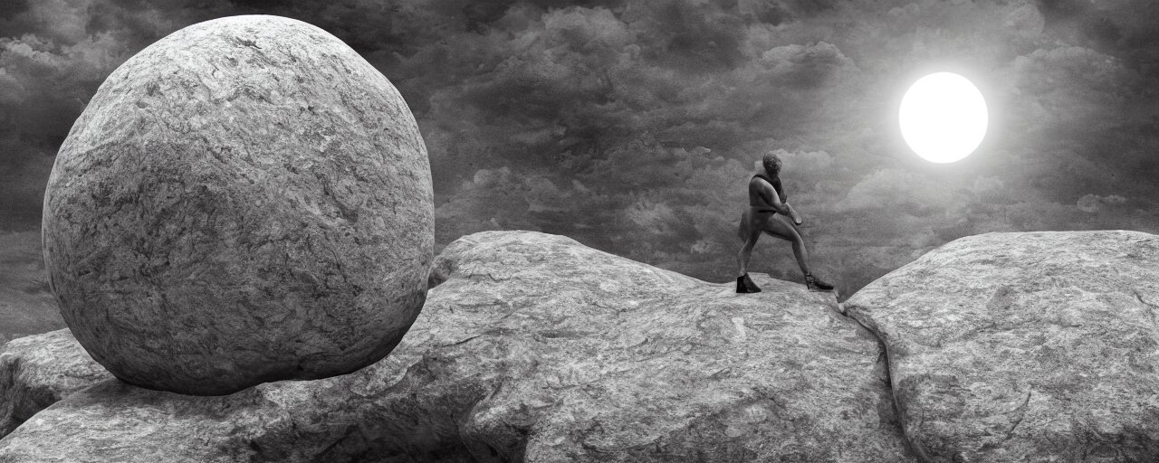 Sisyphus pushing a large stone up a mountain, the stone is round, the stone is rolling up, sisyphus looks tired, the mountain is steep, melancholic mood, photo realistic, 8k, HDR, ultra detailed, trending on artstation