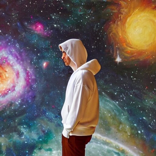 guy with white hoodie levitates in the center of the galaxy painting 