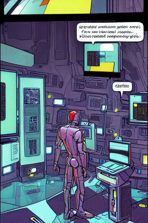 A 1950s-style illustration of an android interfacing with a computer console, the console is tall and imposing, there are many cables on the floor, bright screens, ghost in the shell, cyberpunk, neon colors, art by Moebius and jean giraud and greg rutkowski and cam kennedy. Make it a 1950s-style illustration.