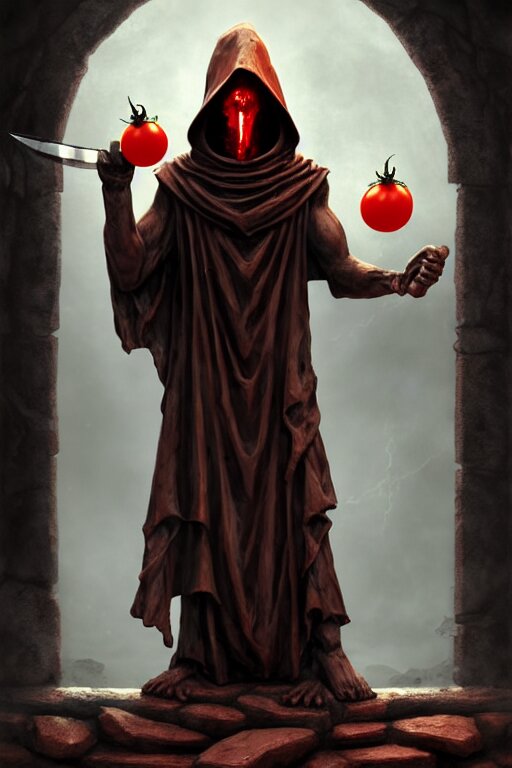 an ancient statue of a hooded cultist is holding a bloody knife in one hand and a tomato on the other, standing in a forgotten temple to an eldritch god, by patrick mcenvoy and michael komarck and fantasy flight, incredible quality, trending on artstation 