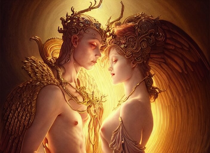 portrait of demonic woman and angelic man in armour, passionate pose, pixie, genshin impact, intricate, elegant, golden glow, sharp focus, soft bokeh, illustration, highly detailed, concept art, matte, trending on artstation, bright colors, 3 d 8 k, art by wlop and artgerm and greg rutkowski, mucha, giger, marvel comics, beksinski 