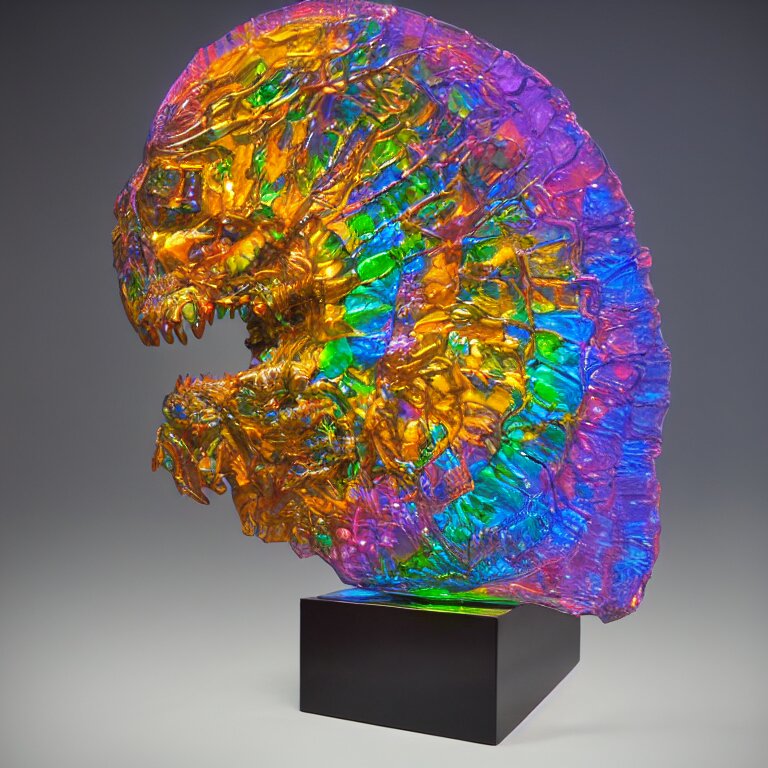 Hyperrealistic sculpture of an iridescent glowing trilobite fossil encased in a solid cube of colored glass on a pedestal by ron mueck and duane hanson and damien hirst, dramatic colorful lighting trending on artstation 8 k. turn the square pedestal into a cliff with a deep blue ocean below