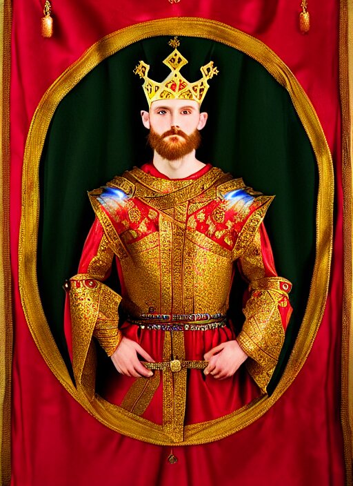 'Portrait of Crowned King Arthur' royally decorated, whirling plasma, atmospheric motes, red and gold Sumptuous garb, gilt silk fabric, radiant colors, fantasy, perfect lighting, studio lit, micro details,