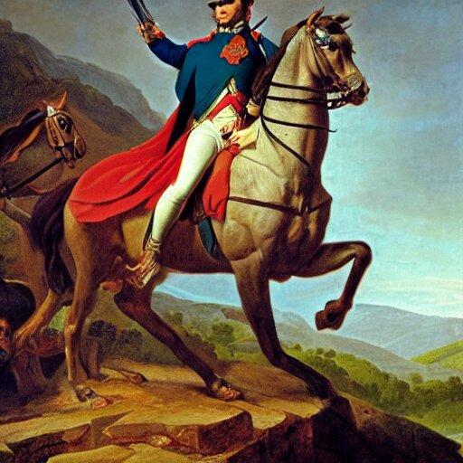 napoleon standing ontop of a cliff as his army marches under him through a mountain passage, epic, in the style of Jacques-Louis David.