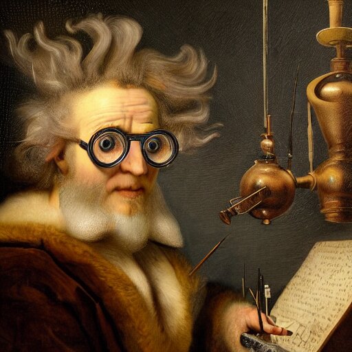 william osman as a mad scientist and alchemist inventing ingenious and potions in his crowded work shop he has wild hair and goggles, hyper detailed, surrealism, hyper realistic, extremely complex, hyper realistic, intricate classic art, insanely intricate, trending on art station, masterful, great works of the masters, art by rembrandt and leonardo da vinci 