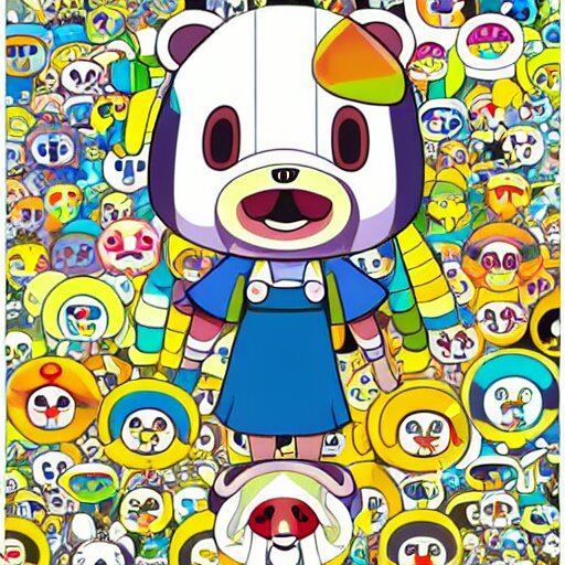 Isabelle from Animal Crossing by Takashi Murakami, Beeple and James Jean, Aya Takano Color Style, 4K, Super Detailed, Modern, 4K, Symmetrical. Add a green leaf to the right of the text.