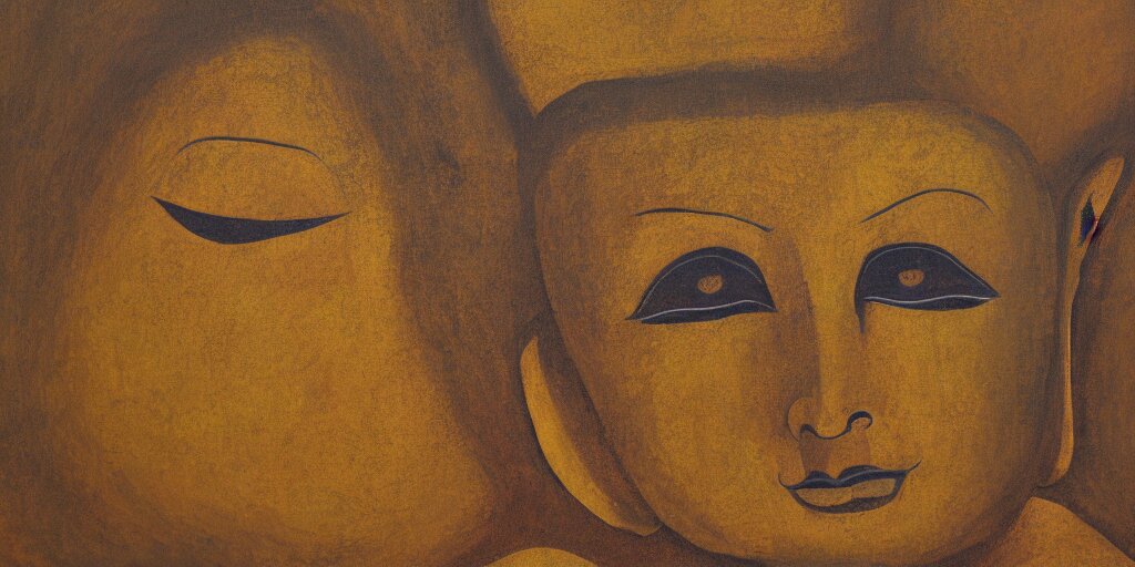a painting of giant buddahs eyes floating in the desert in gold color palette 