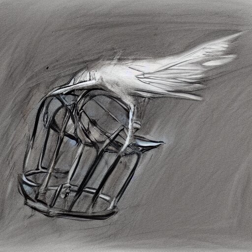 a charcoal sketch of a flying bird in a cage, black and white, low detail 