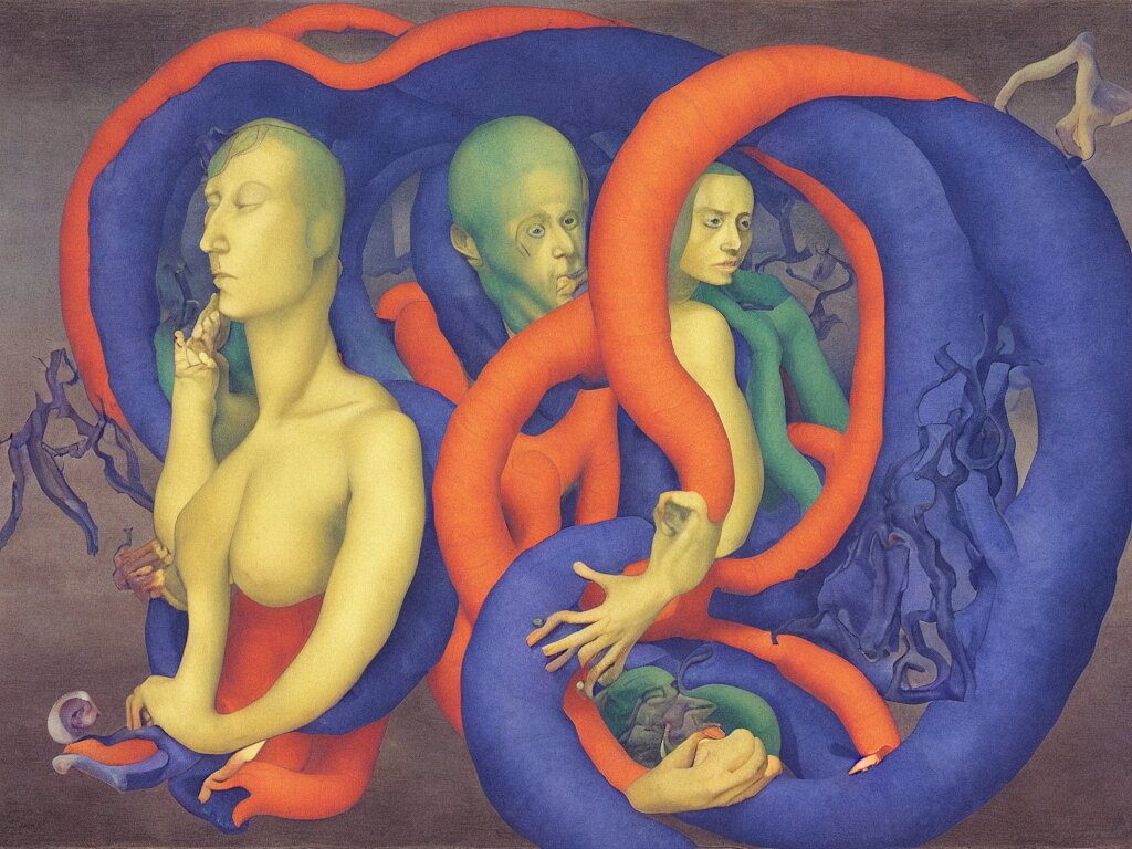 Portrait of young couple inside the giant serpent digestive tract. The human crevasses. Living in the blue flame. The flower of fertility. Georges de la Tour, Rene Magritte, Jean Delville, Max Ernst, Walton Ford