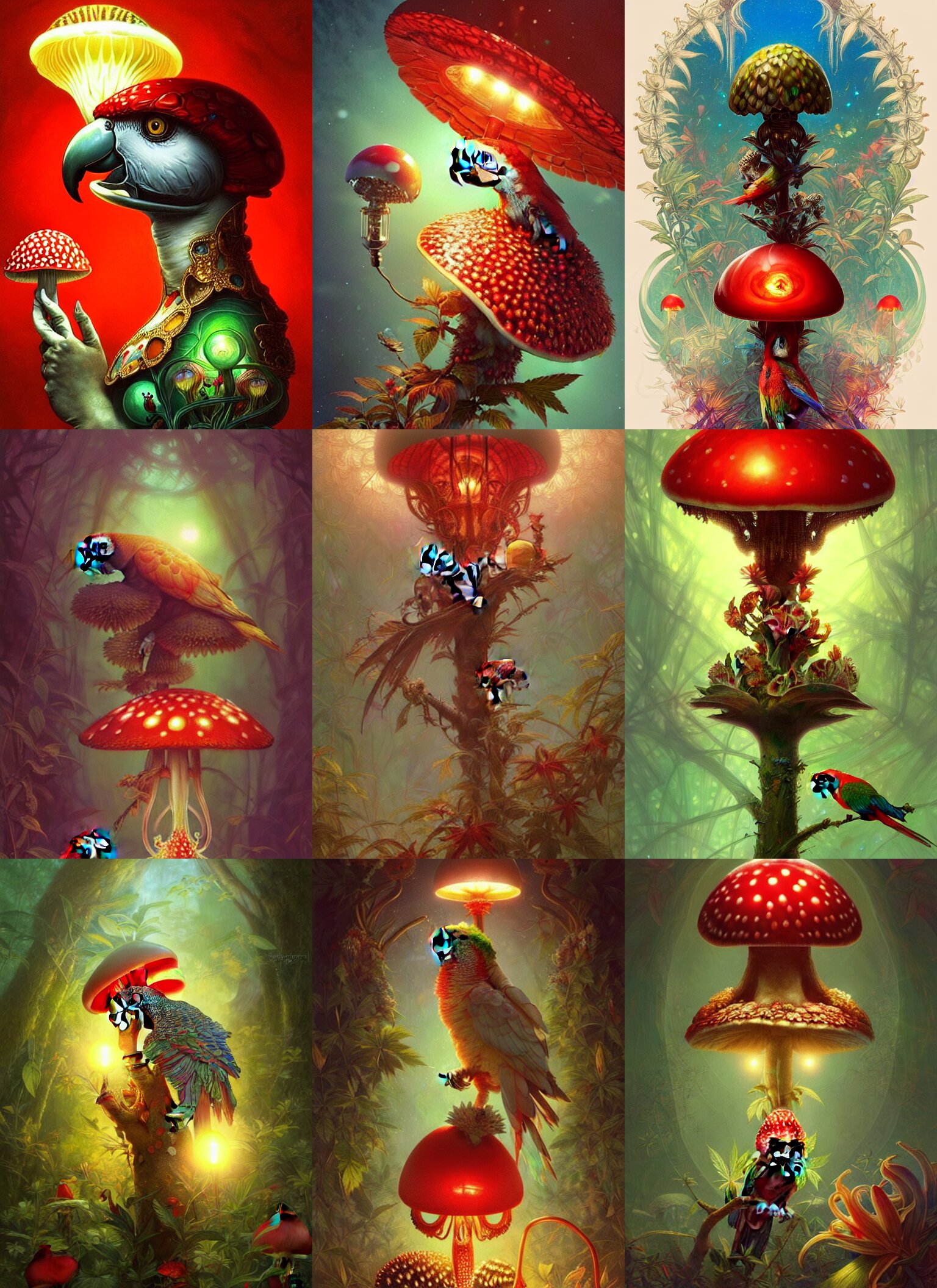 a parrot eating a cute amanita muscaria, weed, lsd, beautiful glowing lights, sci - fi, stunning, intricate, elegant. highly detailed, digital painting. artstation. smooth. sharp focus. illustration. art by artgerm and greg rutkowski and alphonse mucha 