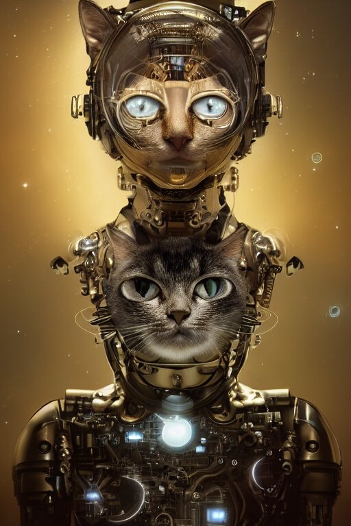 a beautiful ultradetailed fine art photo of a futuristic cybernetic cyborg cat against galactic space, by tom bagshaw and natalie shau, portrait, 3 5 mm lens, golden ratio composition, detailed face, studio photography, very detailed, deep depth of field, humanoids, industrial robotic cats, artstation, 8 k, highly coherent