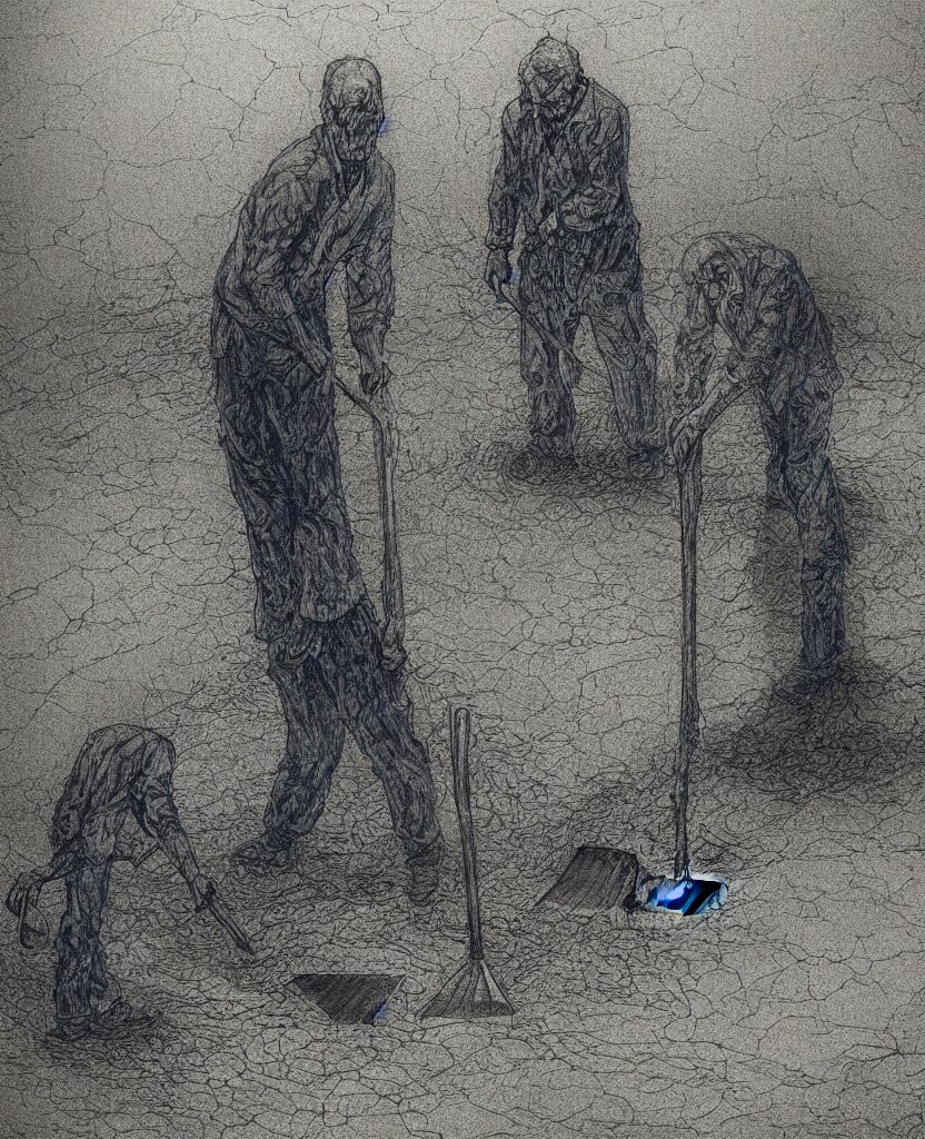 a mournful man with a shovel standing digging up a dead body in it, subtle blue, orange, and dark green tones, high quality, high detail, dark colors, sinister atmosphere, dramatic lighting, cinematic, establishing shot, extremely high detail, photo realistic, cinematic lighting, pen and ink, intricate line drawings, by Yoshitaka Amano, Ruan Jia, Kentaro Miura, Artgerm, post processed, concept art, artstation, matte painting, style by eddie mendoza, raphael lacoste, alex ross