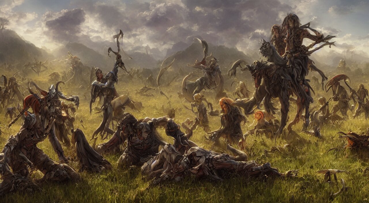 Orcs, elves, and dragons battling in a medieval fantasy world