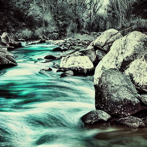 a beautiful landscape, river, rocks, trees, by greg rutkowsi, glitch noise 