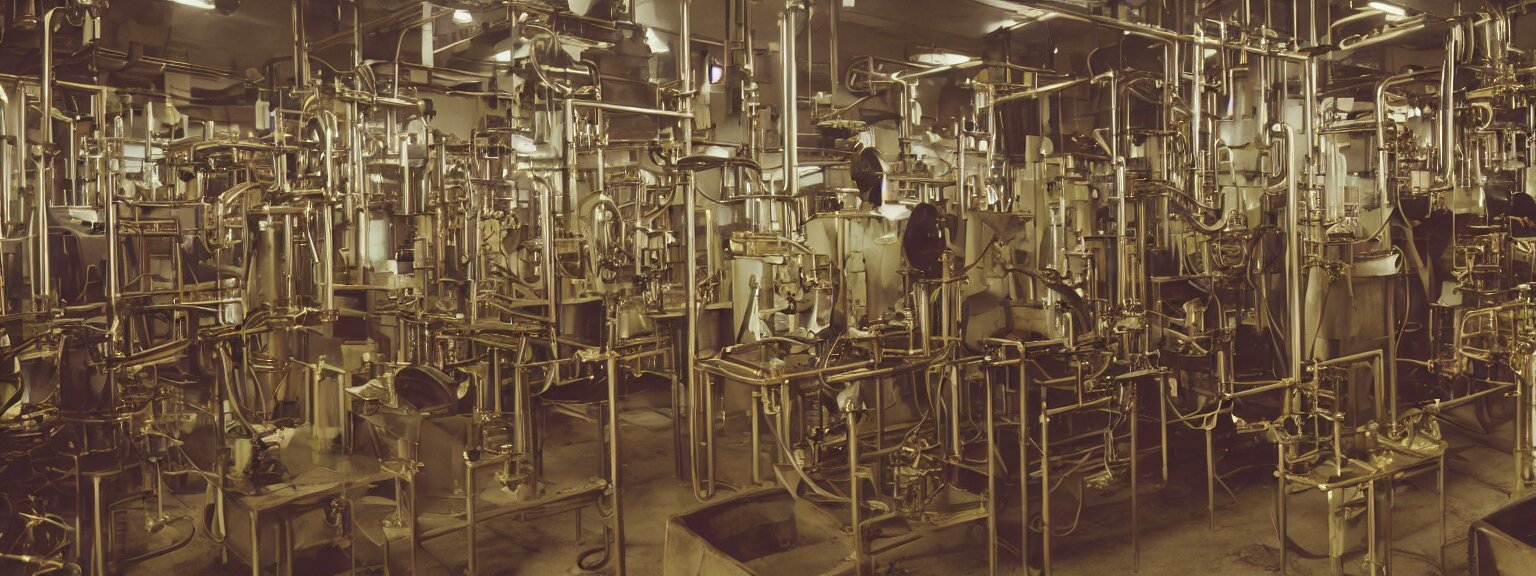 oily apparatus for making snake oil, huge copper machine with purple and green snakelike pipework, barrels of snake oil in a disorganized factory in taiwan in 1 9 9 2 production line, golden hour lighting, film still from the uncle aloysius family medicine depot movie 3 d, 8 k, cinematic lighting 