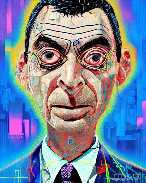 a cyberpunk portrait of mr bean by jean - michel basquiat, by hayao miyazaki by artgerm, highly detailed, sacred geometry, mathematics, geometry, cyberpunk, vibrant, water 