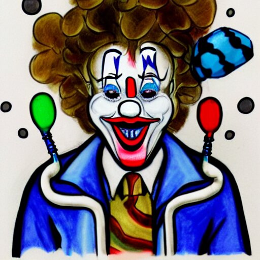 a drawing of a clown with a stethoscope and blue shirt, face paint, a character portrait, trending on deviantart, neoplasticism, creepypasta, freakshow, macabre, white background 