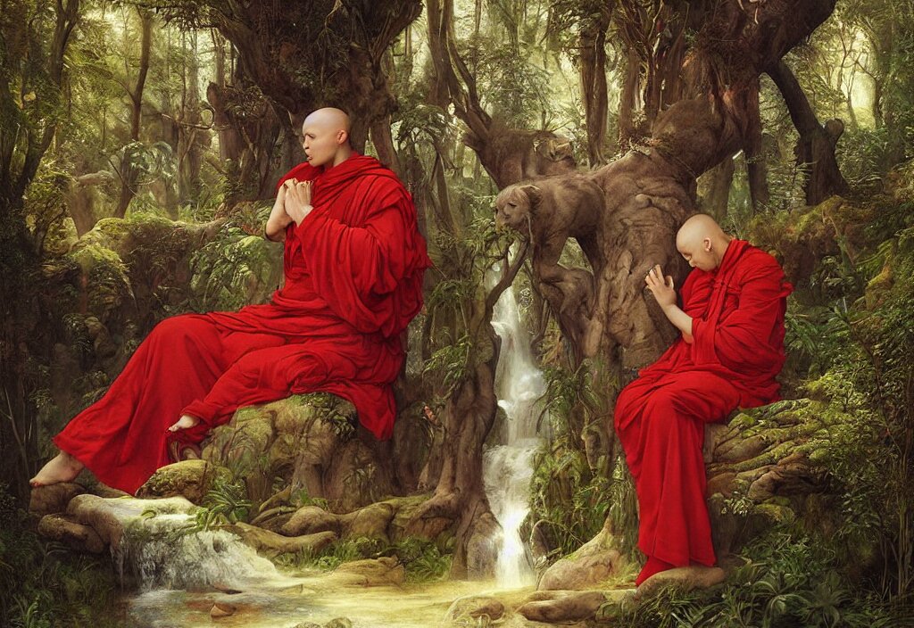 giant cats sleeping, waterfalls, small monks in dark-red robes; by Tom Bagshaw, Ivan Shishkin, Hans Thoma, Asher Brown Durand
