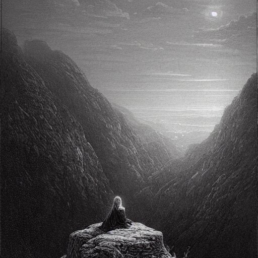A lonely widow looks from a mountaintop, mountains, gorgeous view, velly distant forest, distant city, distant glow, night, sunset, dramatic light, Chiaroscuro, long shadows, dark, masterpiece, high detail, detailed, illustration by Paul Gustave Doré