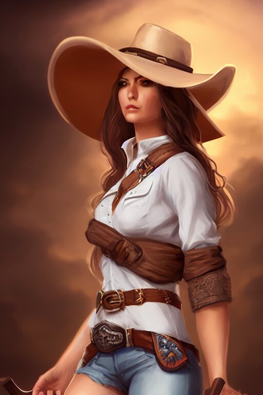 Female cowgirl in a bikini, perfect face, white blouse, 8k, magic the gathering, desert, d & d, artstation, high detail, smooth, muscular. make a more beautiful in a bikini