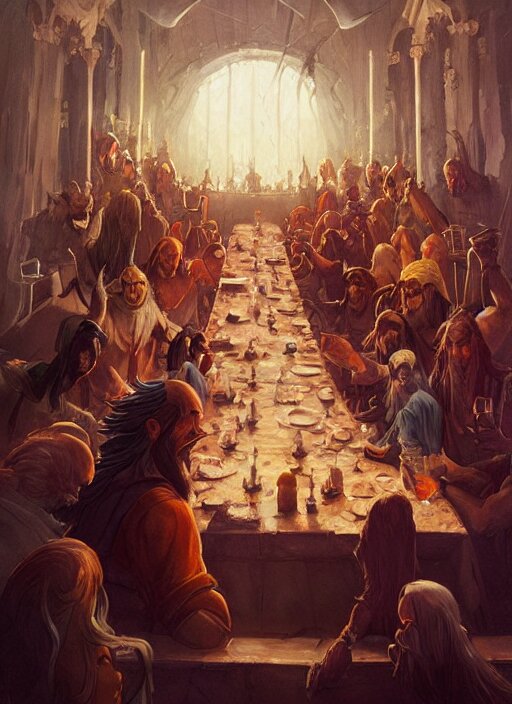 the last supper beautiful painting by arthur addams and greg rutkowski and don bluth, highly detailed, illustration, epic, fantasy, intricate, hyper detailed, artstation, concept art, smooth, sharp focus, ray tracing 