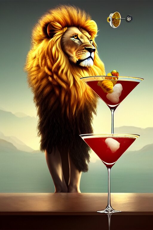 A Traditional Lion's Tail Cocktail in a Martini Glass on a Black Table, 4K digital illustration by artgerm, wlop, james jean, andrei riabovitchev, marc simonetti, yoshitaka amano, artstation, cgsociety. put in a bar