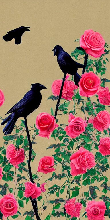 crows made out of roses, rose crows, flower crows, crows made of flowers, muted tones, album artwork, expressionist, serene, 