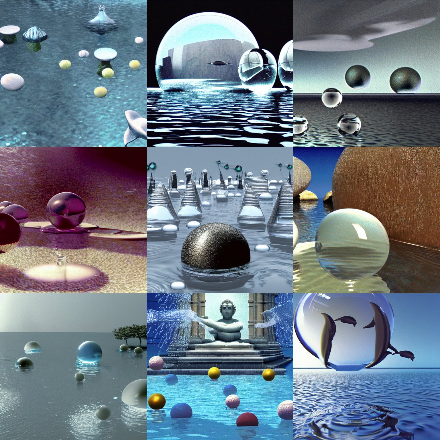 still from a 1 9 8 5 3 d computer animation, floating spheres and shapes, water, glass, marble, chrome, stone, faces, trees, dolphins, temples, statues, clouds 